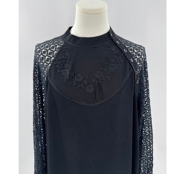 Free People Black Embroidered Lace Top Waffle Knit Shirt M Victorian Goth - Picture 1 of 7